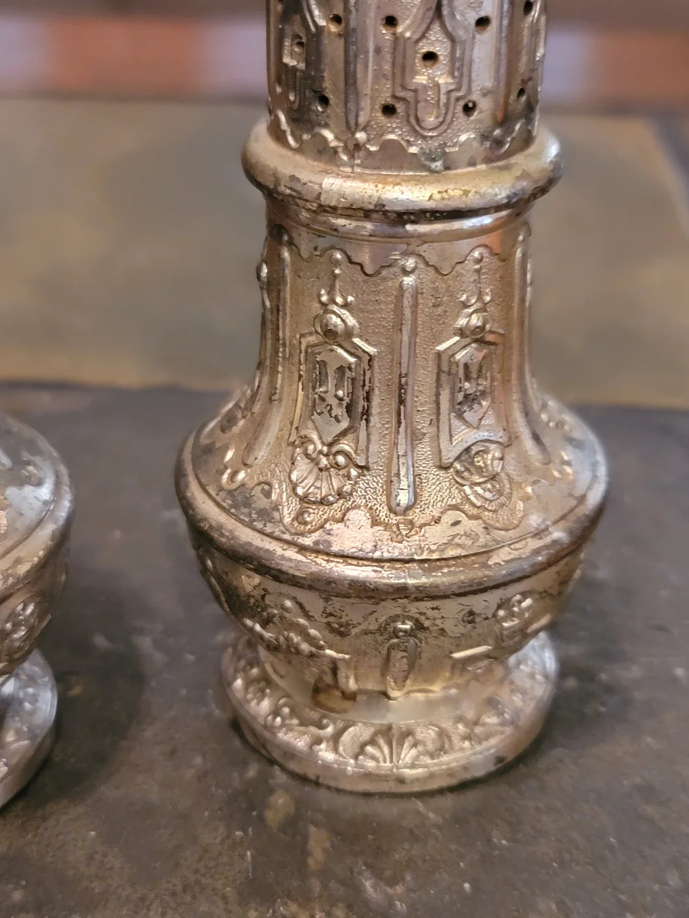 Decorative Silver-Tone Metal Salt and Pepper Shakers